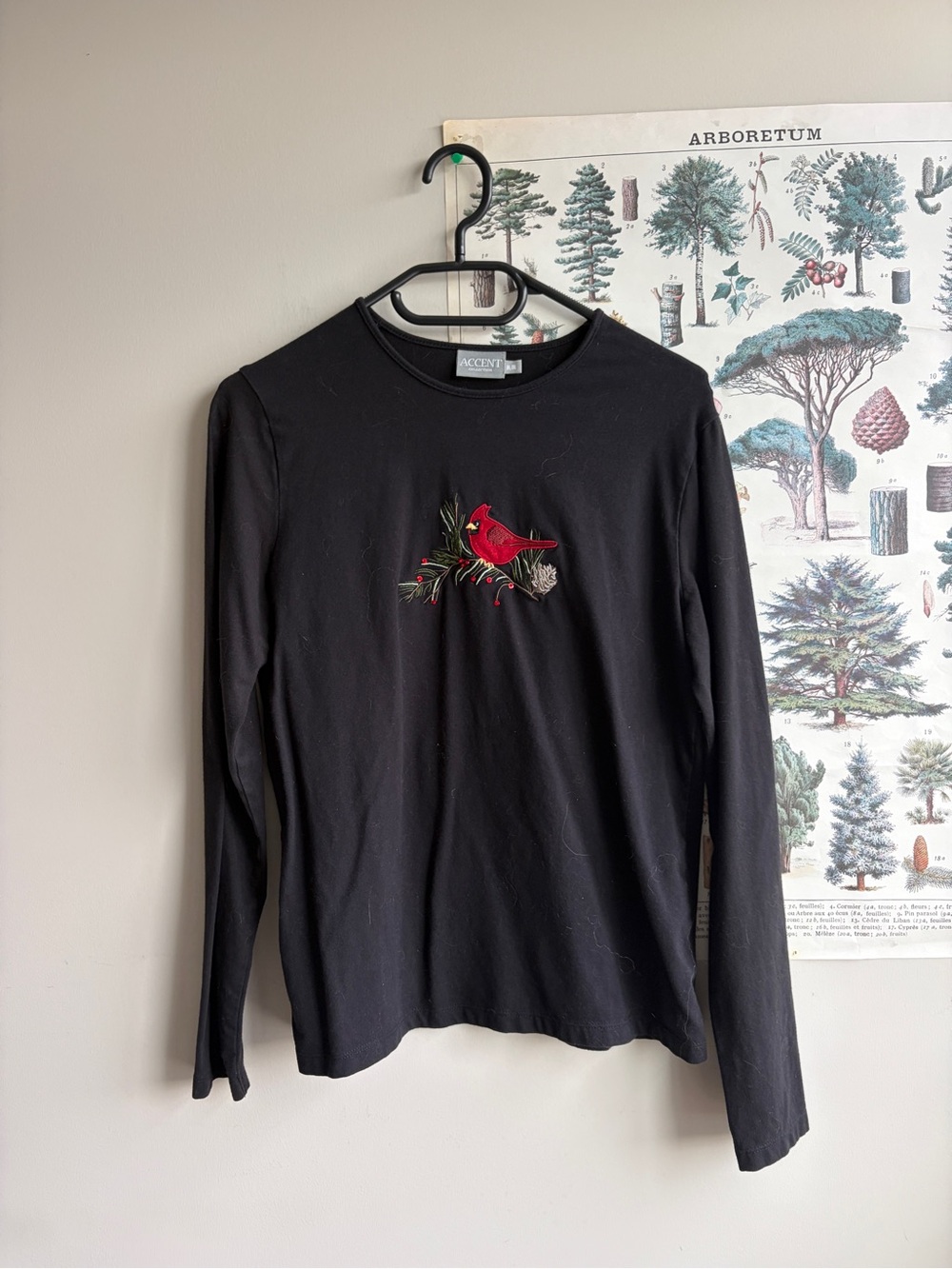 Accent Black Long-Sleeve Tee with Red Cardinal Embroidery